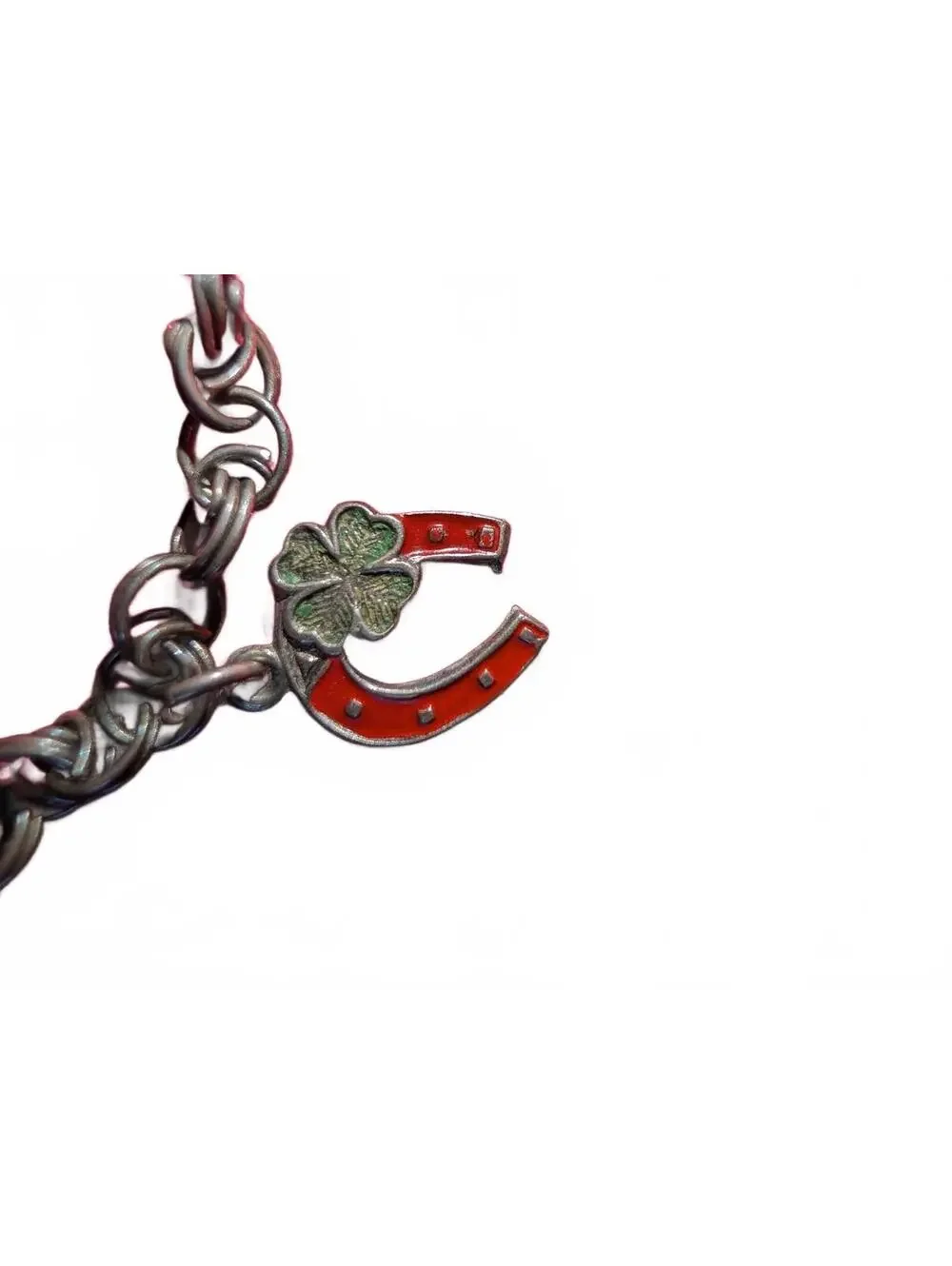 Vintage Silver Tone Charm Bracelet with Enamel Dog, Clover, Horseshoe, Pinecone,